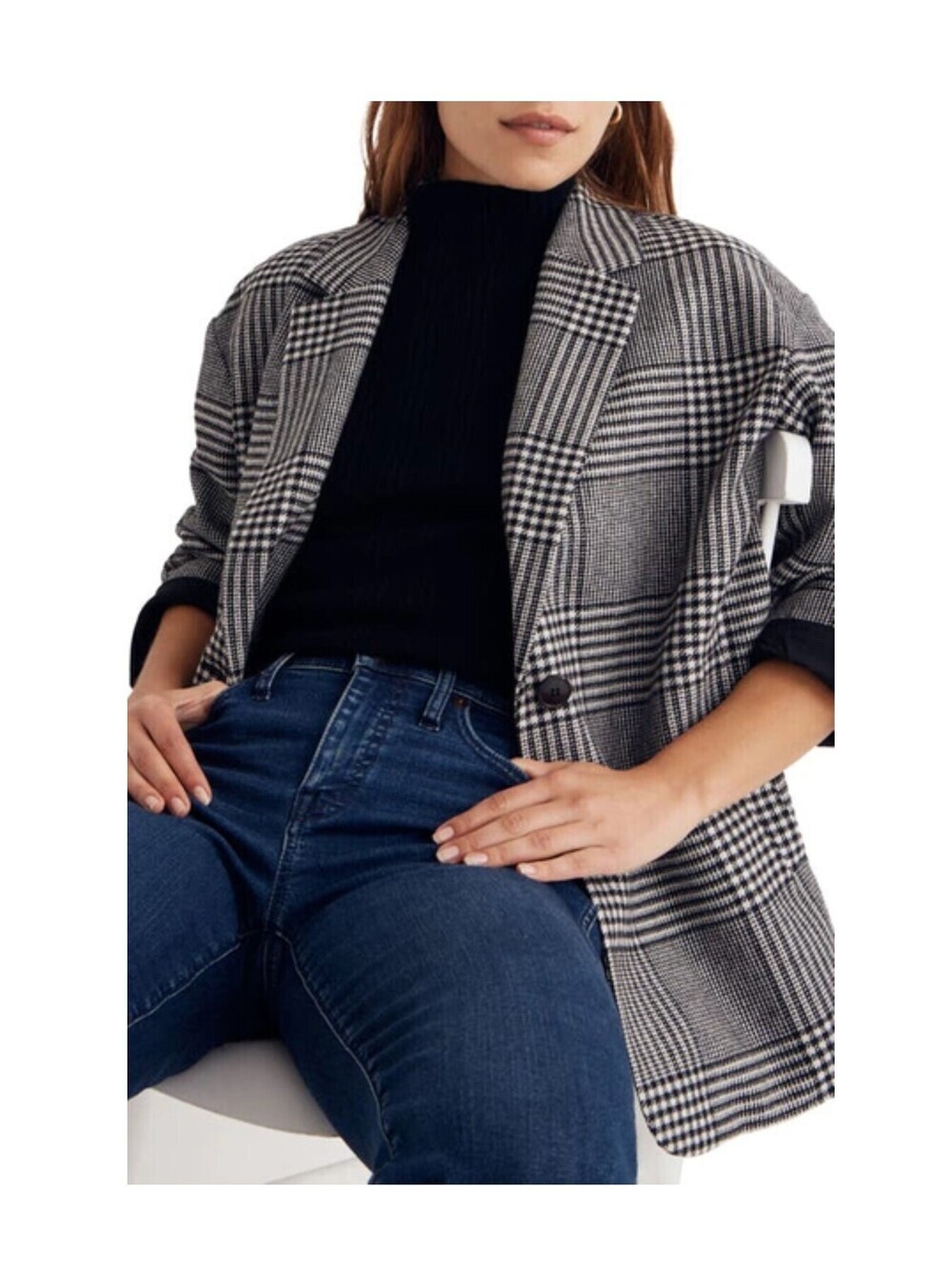 Madewell Oversized Dorset Blazer Adkins Plaid Women’s XXS Black White Longline
